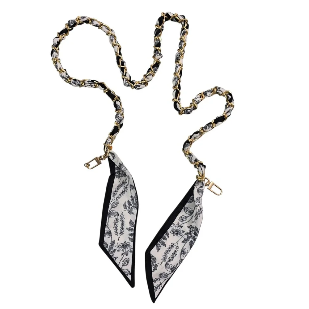 Crossbody Phone Chain Strap Black White Floral Scarf Gold Aluminum Chic Trendy